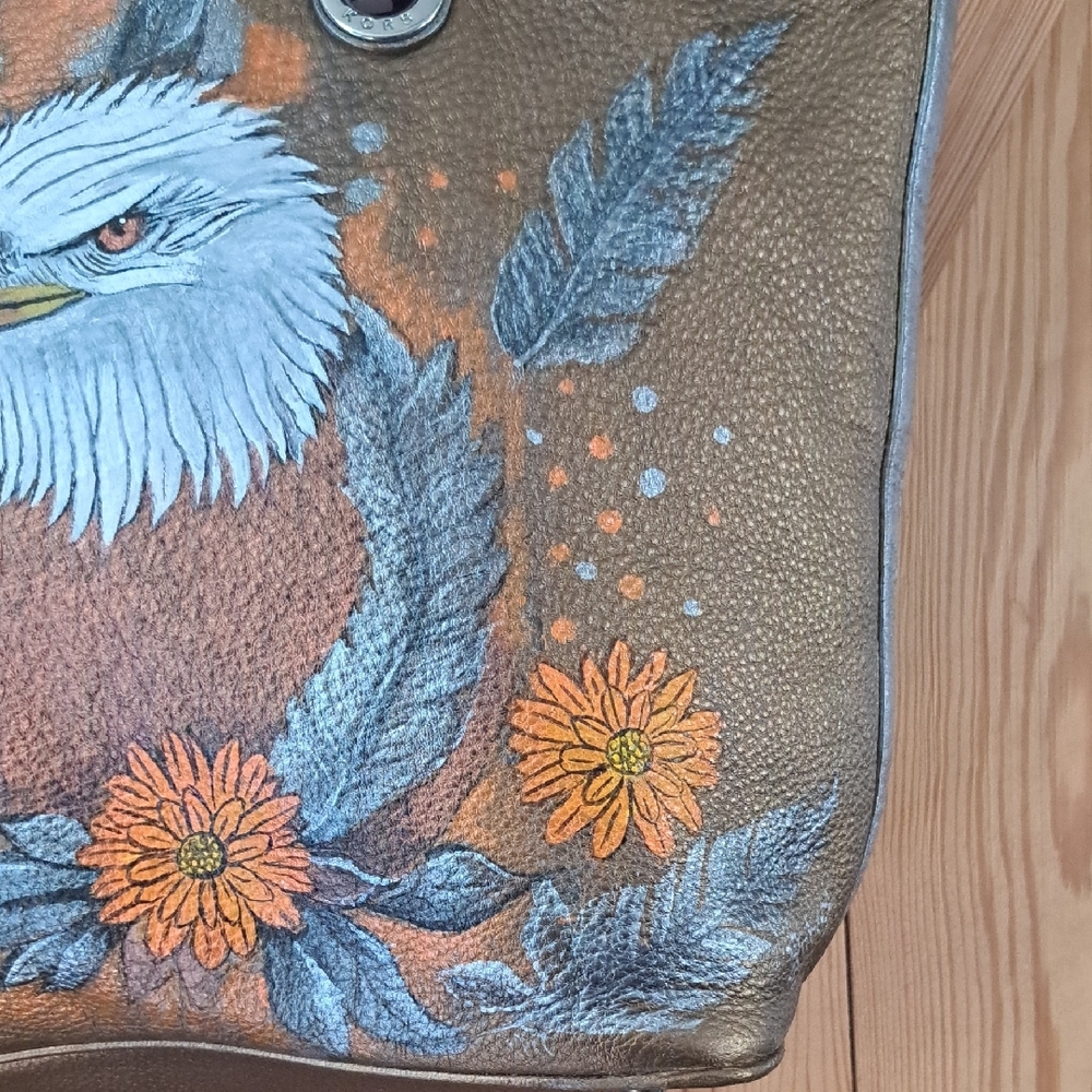 Hand Painted Women's Tote Bag Satchel Eagle & Floral Artwork Purse Shoulder Bag - Picture 6 of 16